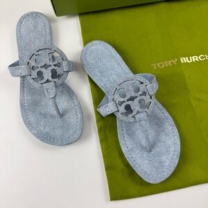 Tory Burch Miller Slide Sandals Womens 6 Blue Cloud Denim Thong Logo